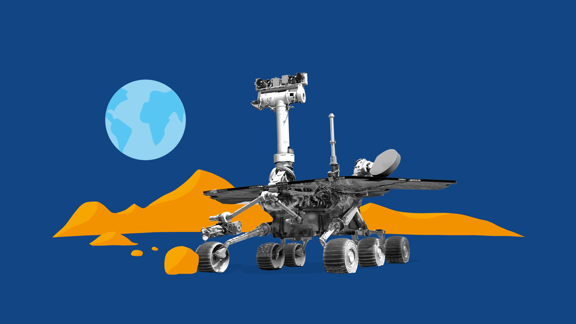 Collage: NASA Marssonde Opportunity auf Marsoberfläche