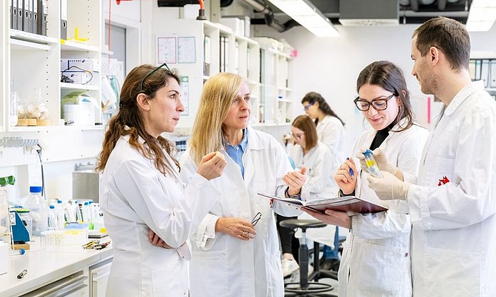 Aphrodite Kapurniotu and her team in the laboratory