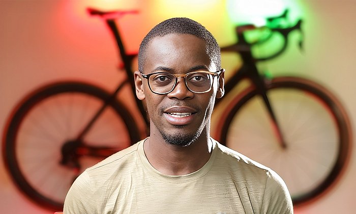 Portrait photo of Emmanuel Adjei, in the background an illuminated bicycle