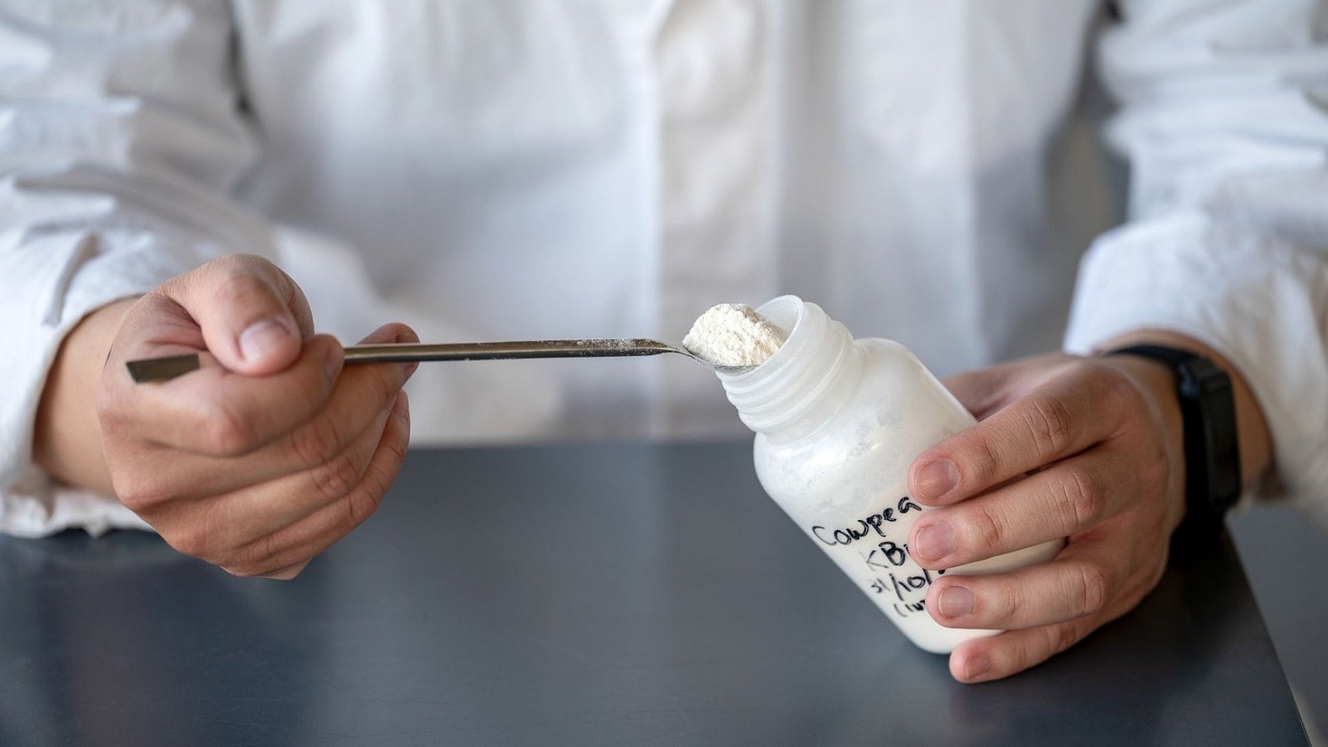 The picture shows the hands of a researcher holding a plastic container and scooping flour out of it.