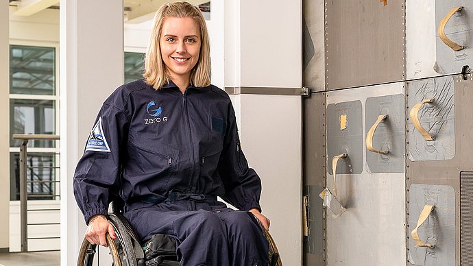 Student Michaela Benthaus in a wheelchair. 