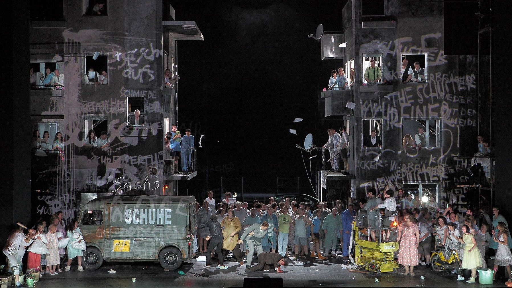  Members of the Bavarian State Opera ensemble on stage during a performance of Richard Wagner's opera “Die Meistersinger von Nürnberg.” 