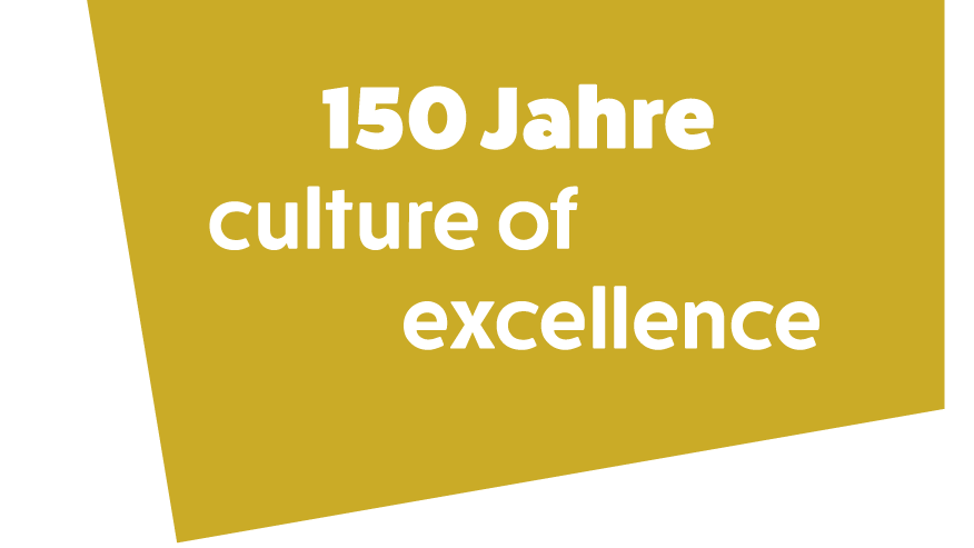 Mustard yellow banner with the words “150 years of culture of excellence”