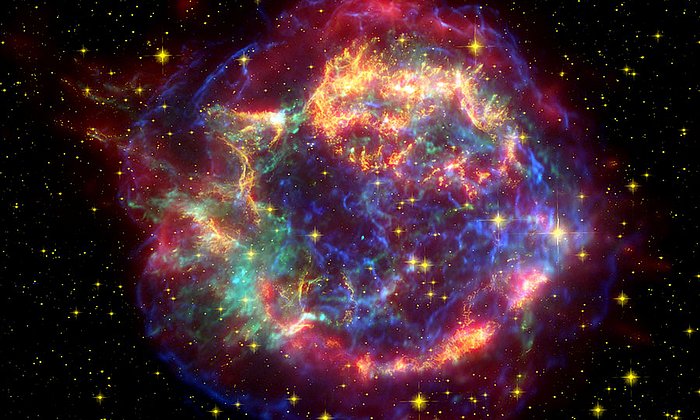 Cassiopeia A: Remnants of a supernova in the constellation Cassiopeia, about 11,000 light-years away. The stellar explosion took place about 330 years ago.