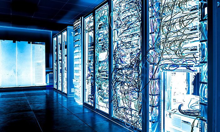 Big datacenter with connected servers and internet cable infrast