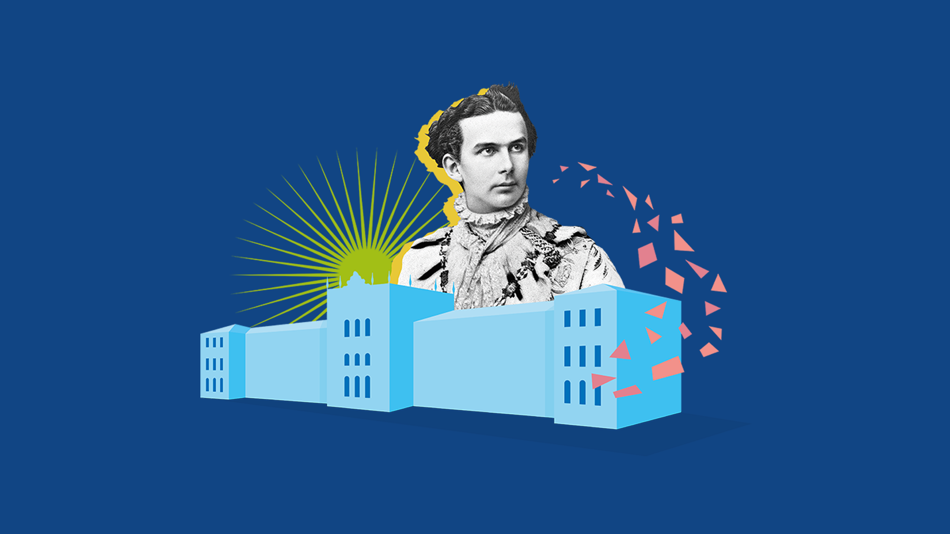 Collage von König Ludwig II über einer illustrierten polytechnischen Hochschule