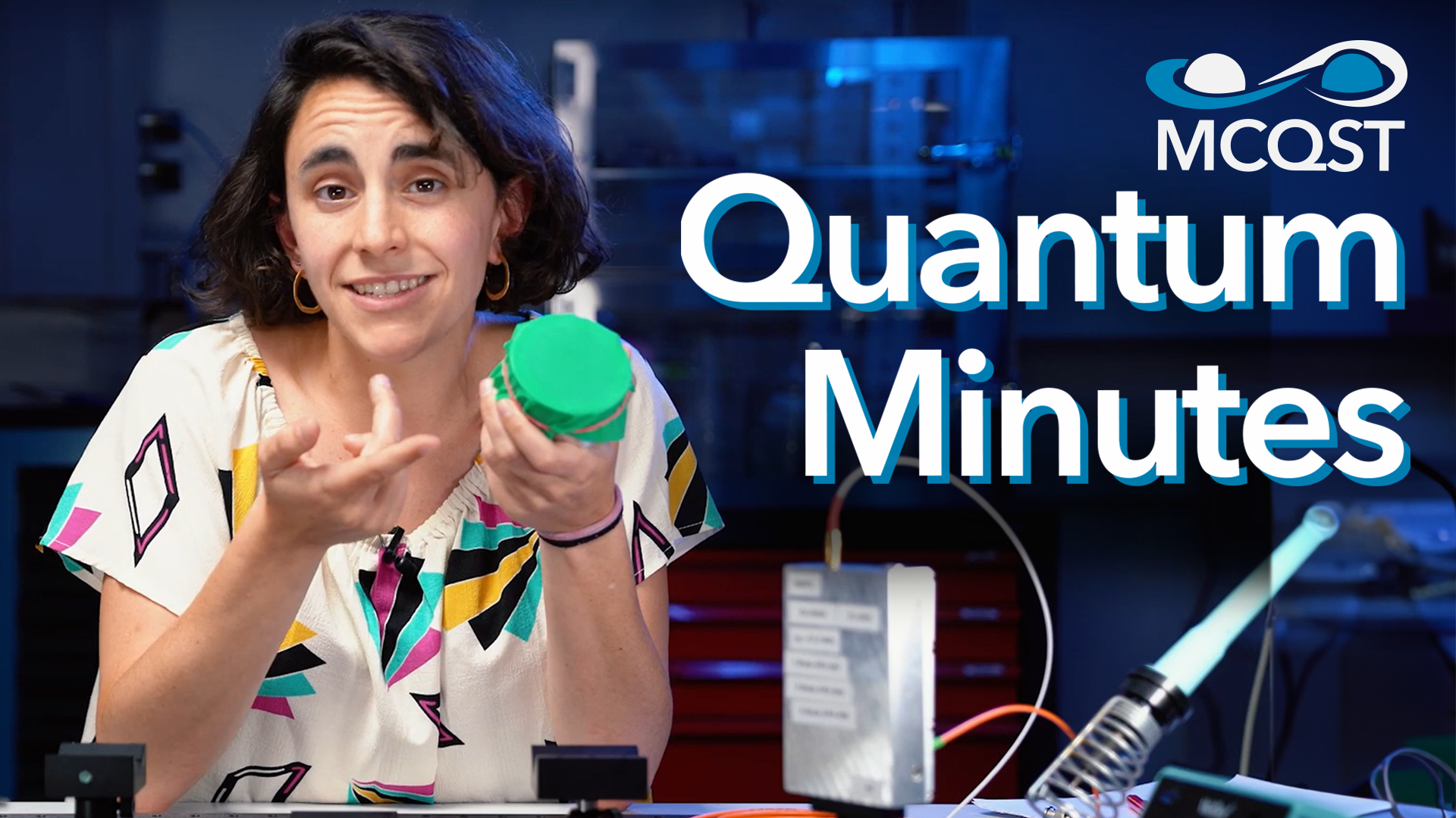 Teaser image for the video series "Quantum Minutes" of the Cluster of Excellence MCQST (pictured is Dr. Irene Sanchez Arribas from the TUM Chair of Nano and Quantum Sensor Technology)