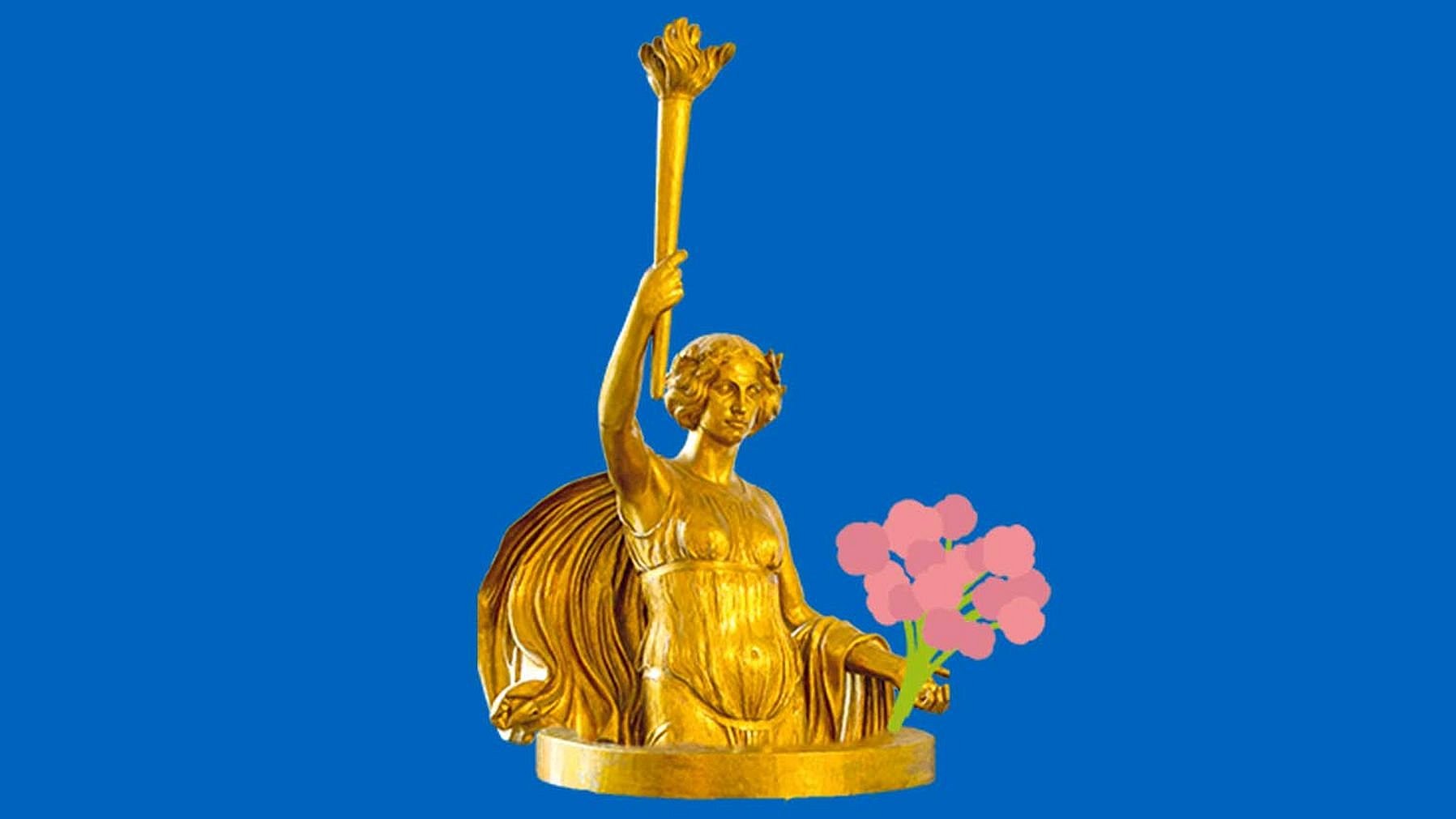 Collage of a golden angel statue holding a torch