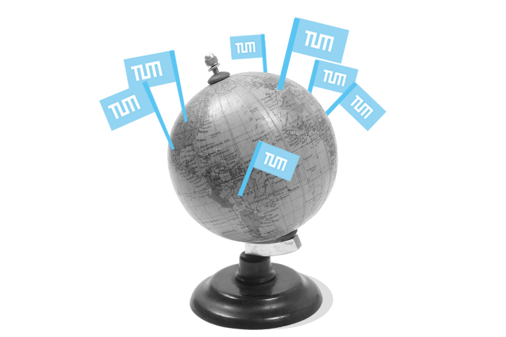 Grey globe with light-blue TUM flags pinned onto it