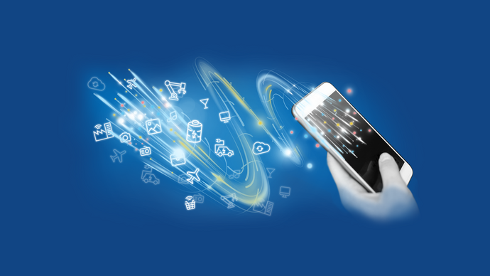 Collage: Icons symbolizing the Internet of Things swirling towards a smartphone