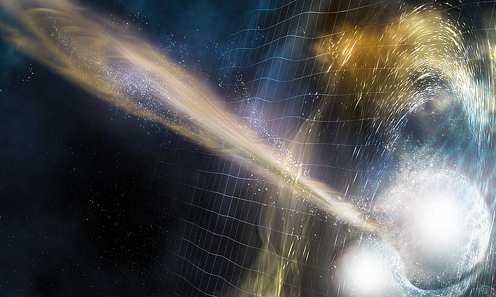 Illustration of two merging neutron stars. Gravitational waves travel out from the collision, seconds later a burst of gamma rays is shot out. The merging stars eject swirling clouds of material.