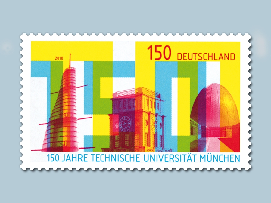The postage stamp depicts the Oskar von Miller Tower, the Thiersch Tower, and the Atomic Egg.